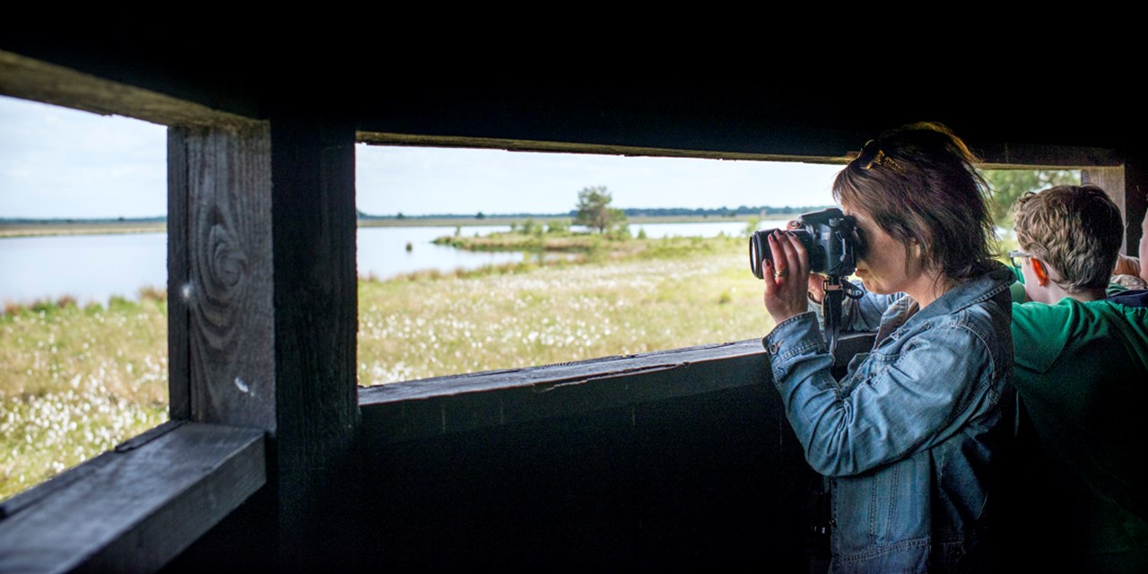 afbeelding van een wandelaar die foto's maakt vanuit de vogelkijkhut.