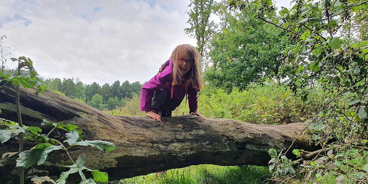 Agnes klimt op een omgevallen boom.