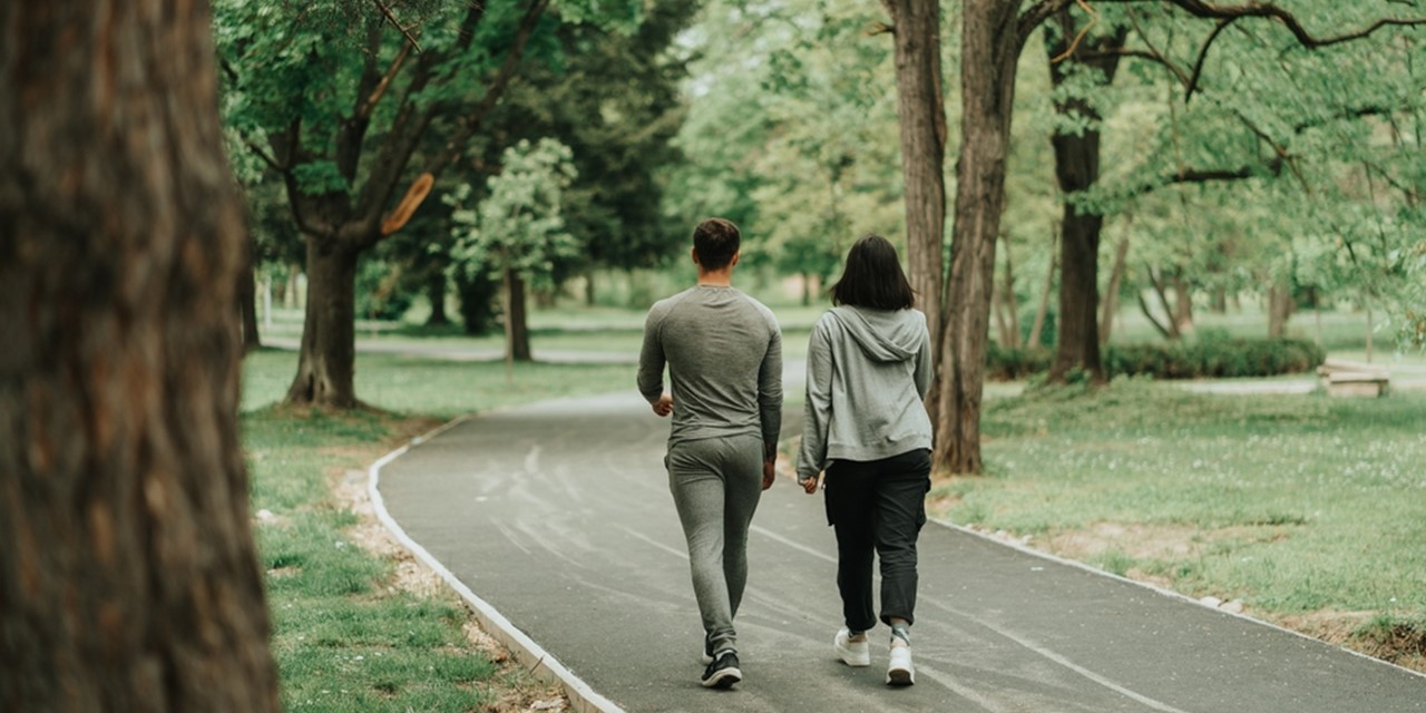 agbeelding van 2 mensen die samen sportief wandelen.