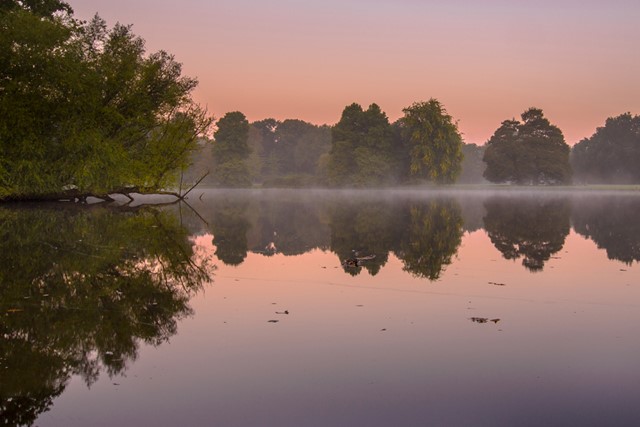 afbeelding van het water in stadspark Groningen in de ochtendmist.