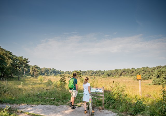 Wandelaars voor infobord langs de Smokkelroute